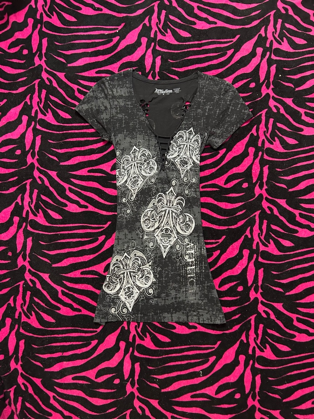 Y2K Vintage rare grunge goth Affliction fleur de Lis Lace Up Top